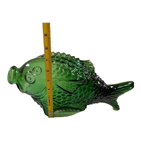 MCM Barware Green Glass Fish Bottle Decanter Bidders Whiskey Bottle Decor Retro